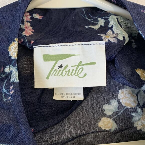 Tribute Robe Size 22 Blue Floral Sheer Button Short Sleeve House Dress - Picture 9 of 13